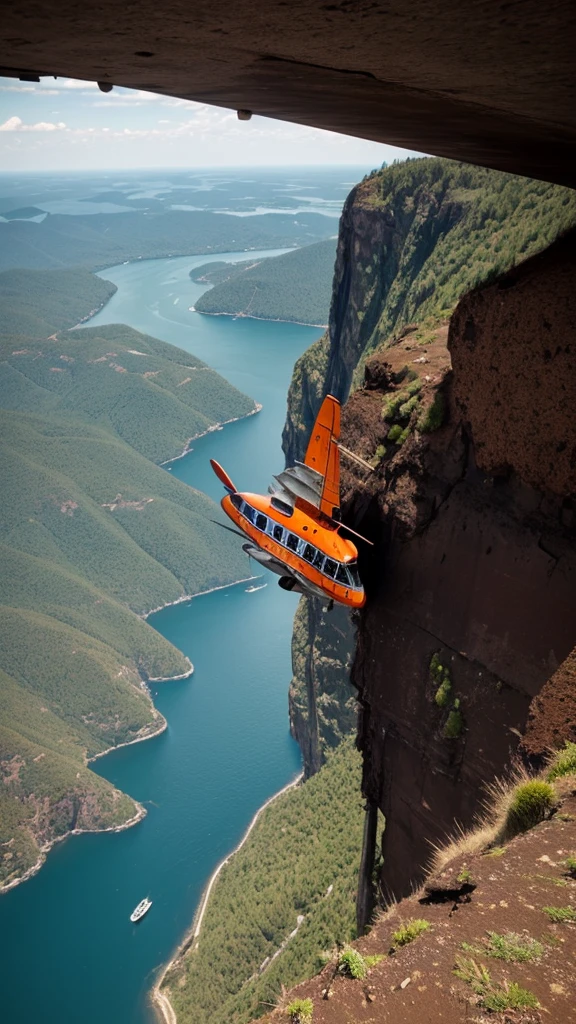 make a very real picture of a rusted crash airplane being stuck alongside a very high cliff, scary scenery, hyper-realistic, 16k