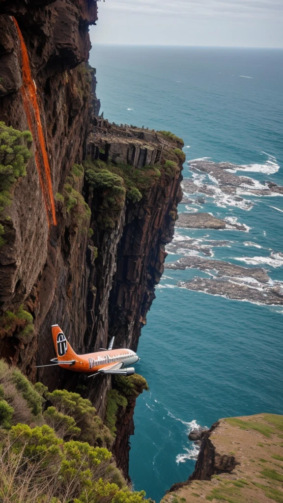 make a very real picture of a rusted crash airplane being stuck alongside a very high cliff, scary scenery, hyper-realistic, 16k