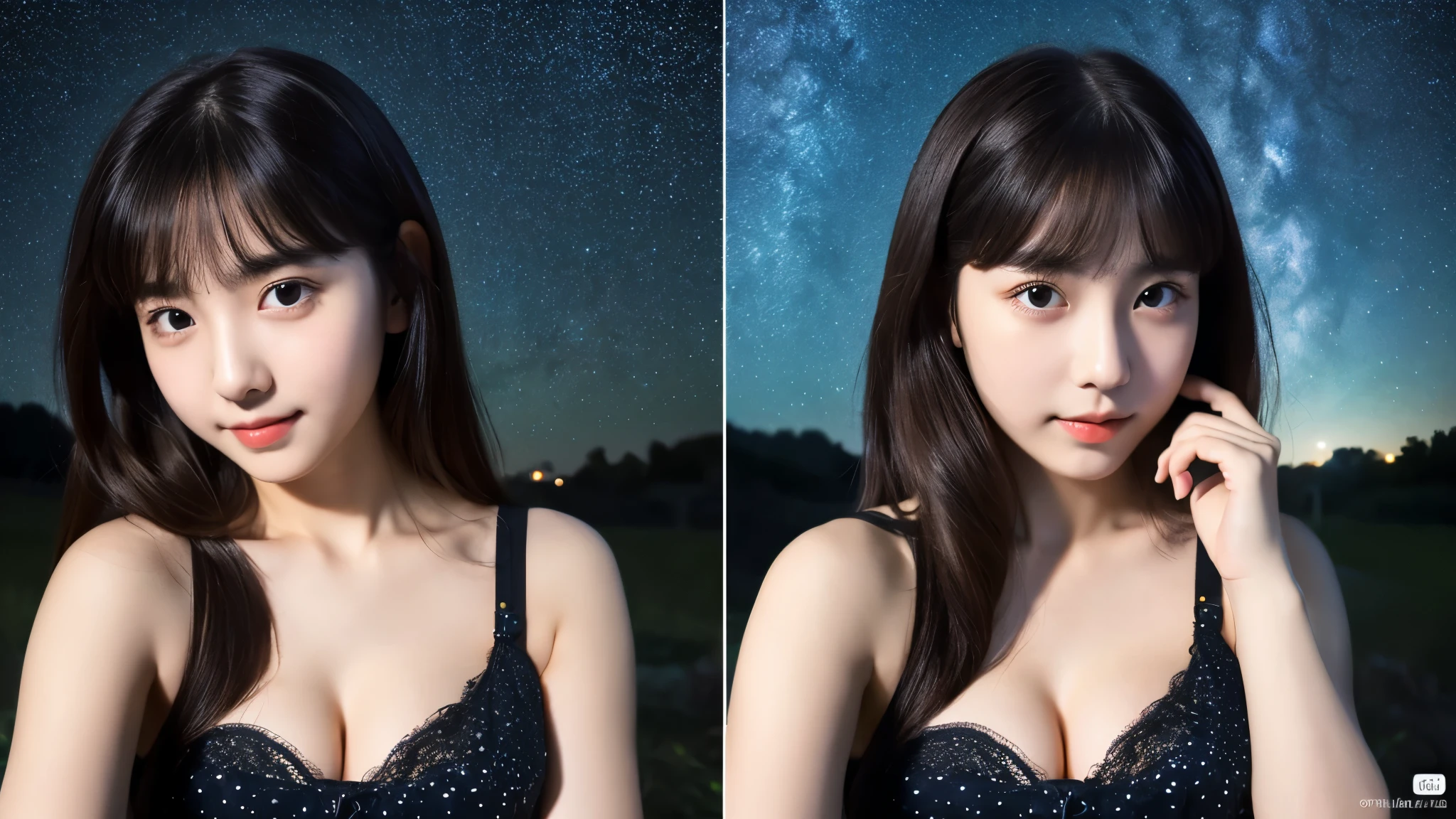 One 20-year-old woman with a very cute face like a 16-year-old idol、Gentle and cute、Cleavage、(Beautiful starry night)、(Dark Light)、RAW Photos、Genuine、((Quality indistinguishable from real life))、(Artistic Expression)、Real Stick、High resolution、masterpiece