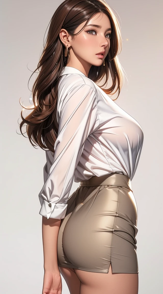 (best quality:1.5, mackerel, uhd, 4K, detailed lighting, shader), brown hair, gradient hair, big bust, suit, gray shirt, social shirt, short skirt, mature woman , (ass pov), white background, colorful eye shadow, dramatic lighting, sparkling eyes, sensuous expression, Golden earrings, flowing hair, delicate facial features, black skin, Protruding cheekbones, elegy, urban setting, white background, Don't look for the camera, lean forward, view from behind, soaked in the rain.