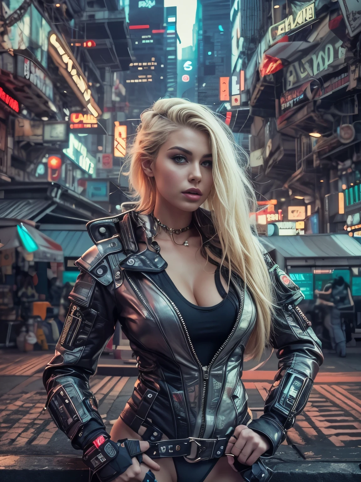 1 ultra hot gorgeous European Cyberpunk woman. Age 23. Blonde hair. cowboy shot, NSFW, futuristic, mechanical aesthetics, complex machinery, high-tech futuristic Cyberpunk city in the background, virtual engine 5, cinematic lighting.
