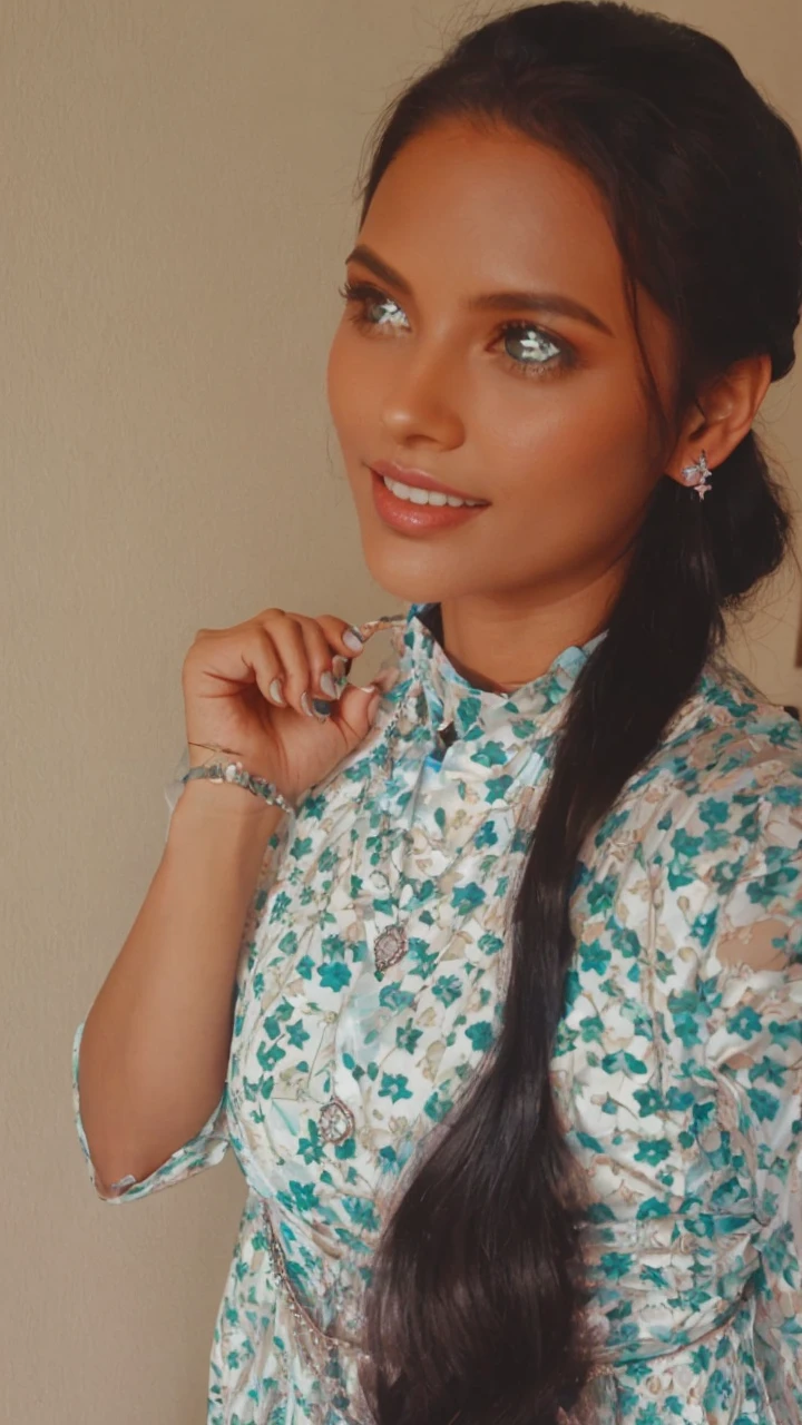 Generate image of model with pink and blue frock with long black hair with daimond necklace on neck having long earrings, the nature has to be background of the picturr