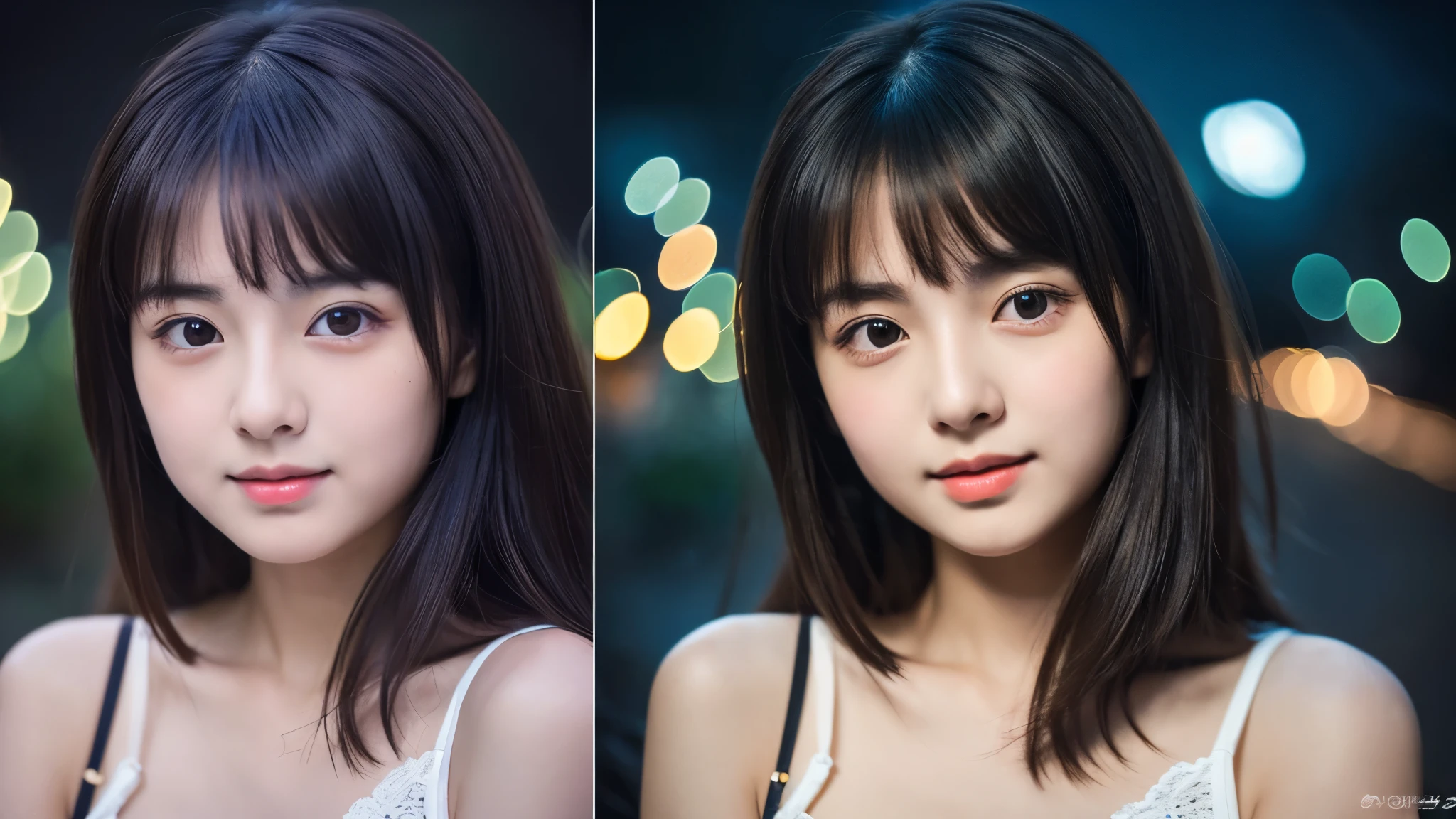 One 20-year-old woman with a very cute face like a 16-year-old idol、Gentle and cute、Cleavage、(Beautiful starry night)、(Dark Light)、RAW Photos、Genuine、((Quality indistinguishable from real life))、(Artistic Expression)、Real Stick、High resolution、masterpiece