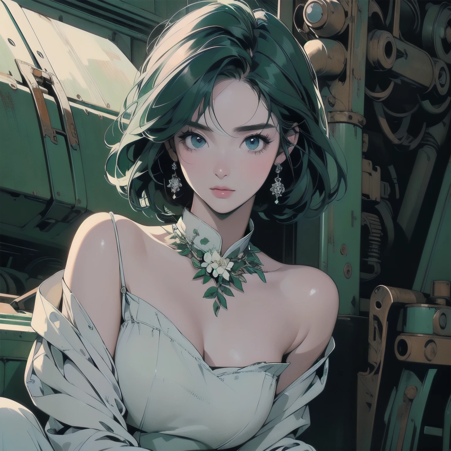 mechanical、Abandoned Factory、Atrium、White Flower Field、(((Rusty heavy equipment)))、(((Perfect Woman)))、Beautiful woman、Woman sitting、mysterious、Pitch Black Night、Blue dark、fog、(((Detailed face)))、Detailed Hair、Flat Chest、White dress、Pale green hair、Short Hair、(((The most beautiful face)))、(((Beauty)))