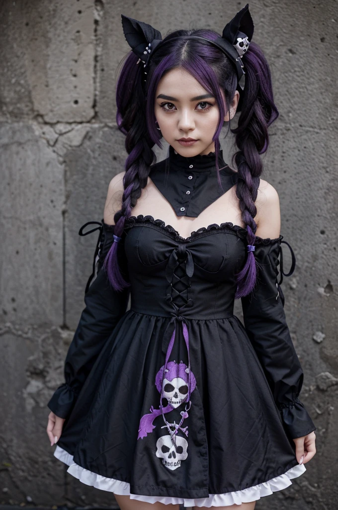 Hair: long, black with purple accents, often tied into two ponytails with skull-shaped ribbons.
Eye: Eye besar berwarna ungu dengan kilauan yang tajam, often looks cheerful and full of passion.
Clothes: Wearing a gothic ta style dress with a dominant color of black and white and purple accents. There are skull and heart motifs on several parts of the clothes.
Accessory: Kuromi-chan always wears a typical kuromi hat with small horns and a skull in the middle. He also often carries a small skull-shaped wand.