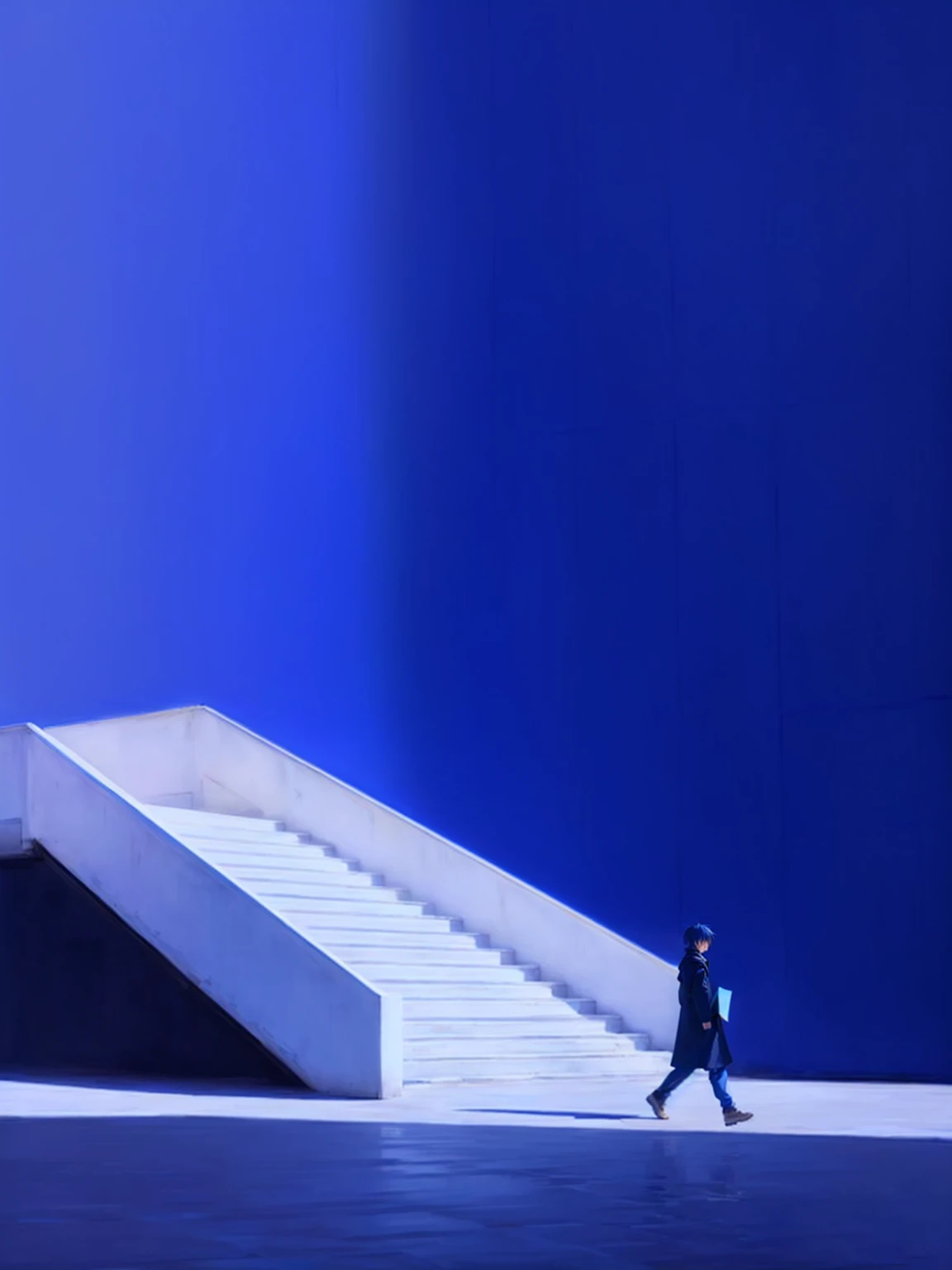 阿拉夫男子在blue房间内走下楼梯, blue wall, dominant wihte and blue, Clemens Asher, 白色和blue, blue色调, blue调, blue walls, author：Tadanari Ono, blue色调, blue大气, 深blue阴影, blue心情, blue白色, blue, rise