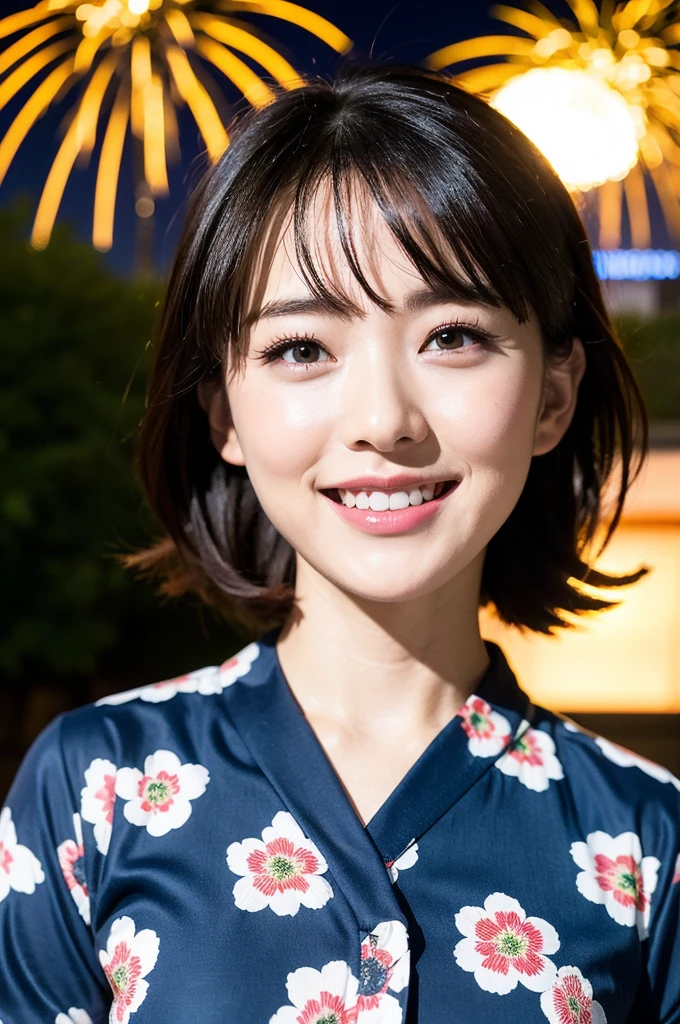 firework Display,8K,Professional Lighting ,Near and far in the air ,Ultra-high resolution ,(Like the picture: 1.1) ,詳細なface ,pretty girl ,Patterned yukata ,smile ,firework ,Pause、Upward glance, face, a baby face, big, Short fine hair, Laughing, Innocent, fluffy, Busty High School Girl, The transformation is revealed, Moist