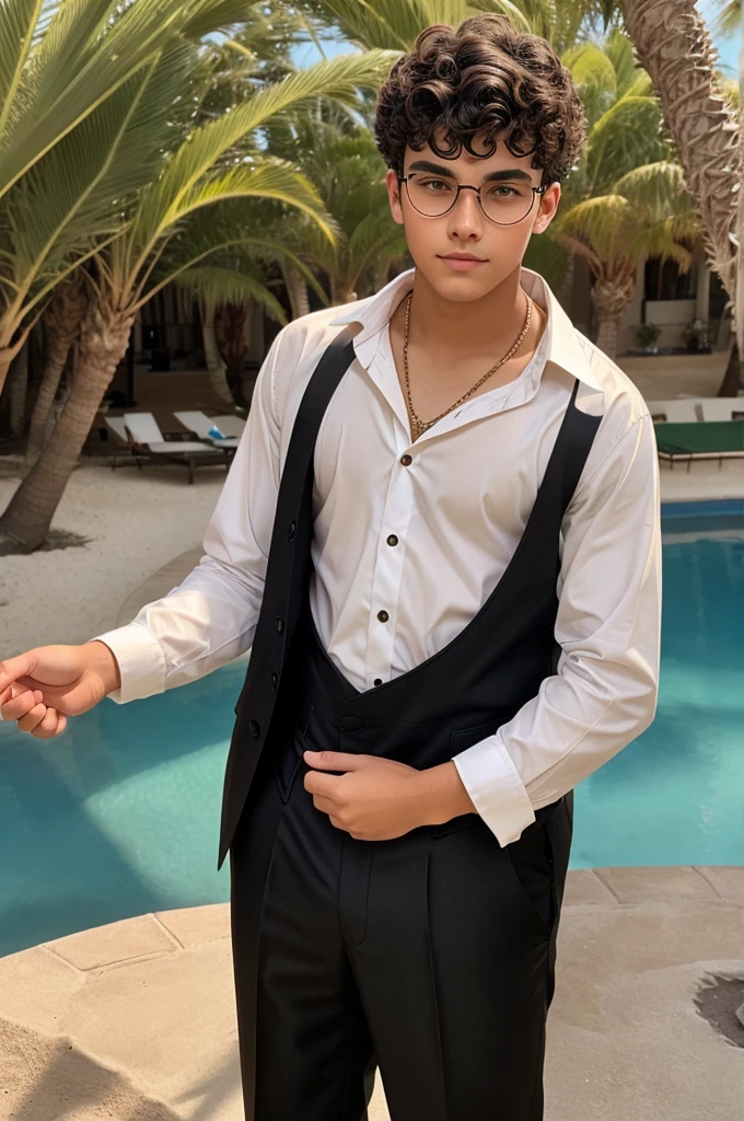 Image of a 20 year old boy with clean shave circular specs curly Bernard her sand skin and black formal clothes