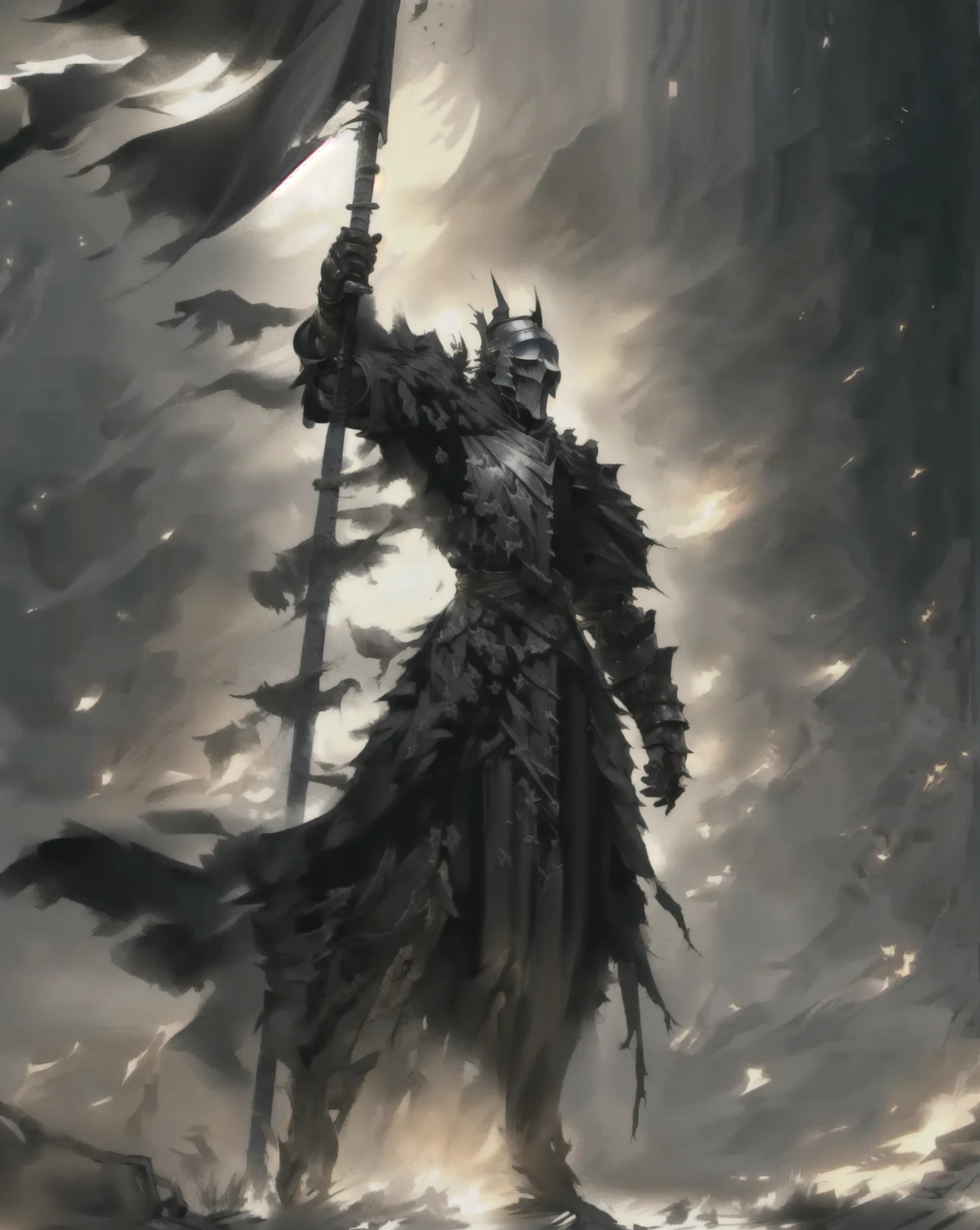 Close-up of a person holding a flag, Dark Souls Knight, the Dark Souls Knight, ศิลปะdark souls concept, Darksouls concept art, dark souls art, dark souls concept art, dark souls concept, dark souls art style, Evil Knight, Dark Souls Armor Concept, dark souls style, In the style of Dark Souls 3, Immortal Knight