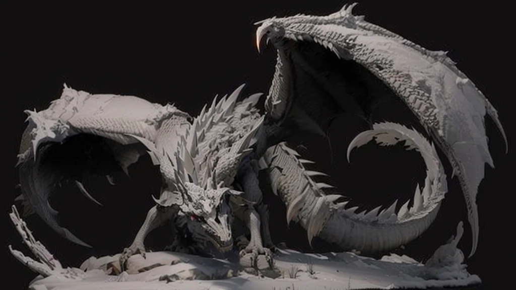 warrior confront winter dragon, fire in dragon's mouth, dark ,snowy winter,fog, dramatic scene, movie scene, fire, view from below, unreal engine, hyper detailed, volumetric lighting,8K, Ultra-HD, photorealism, cinematic rendering, ray tracing, highest quality,
