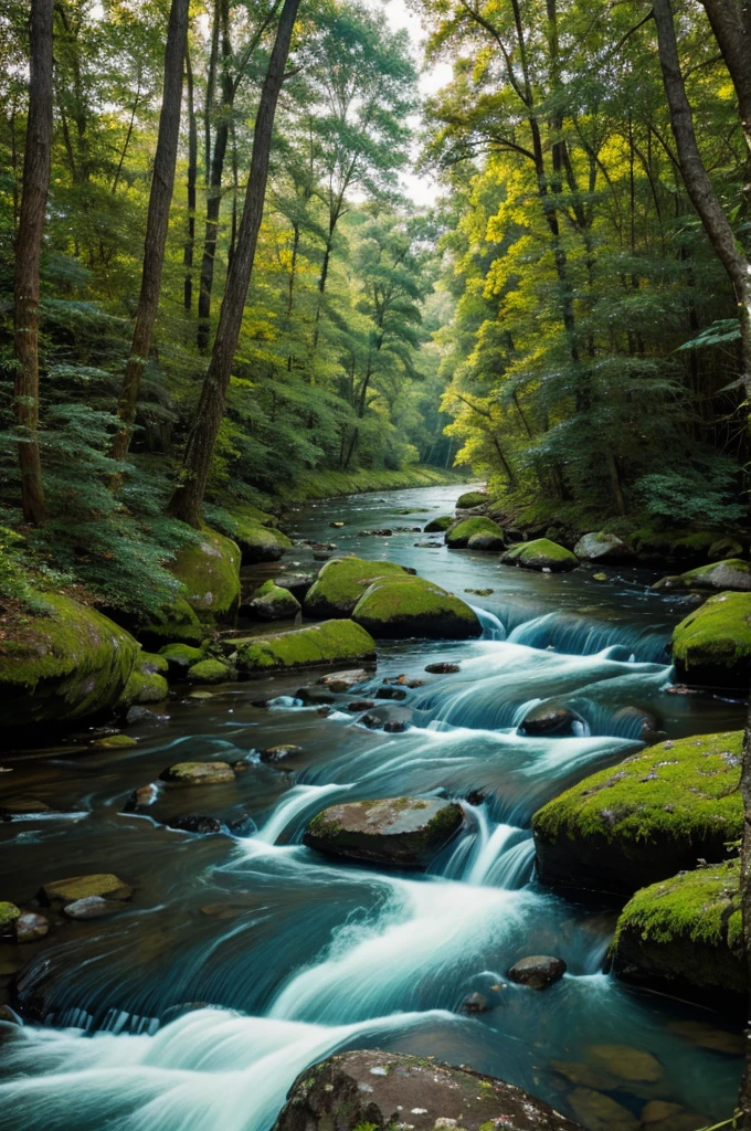 The river flows through the forest