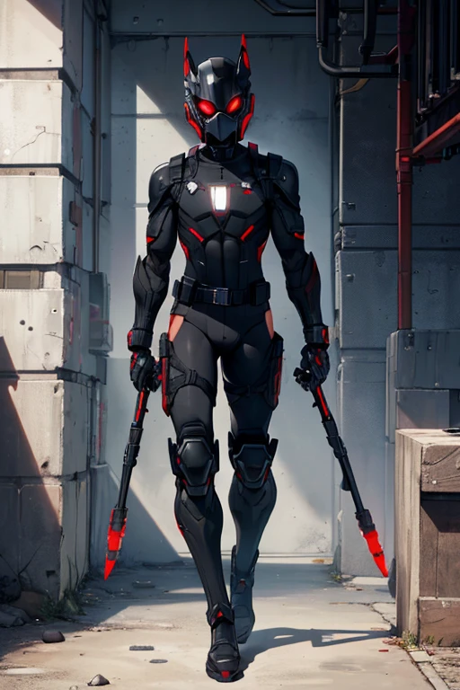 male, red eyes, robot, (((1boyl))), (((black full body tactical bodysuit))), (black gauntlets), (black boots), (black shoulder guards), (black hip guards), (black tactical helmet), (black face mask), (black tactical belt), long legs, muscular