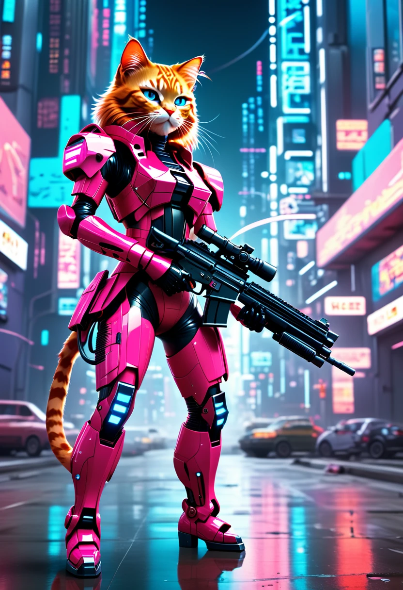  ((Masterpiece)), (Best Quality), (Cinematic),(highly accurate drawing in every detail)(extremely precise representation)full_body_portrait,space age retro future vibe, a stunning red cat in dressed in cool spacy synthetic magenta and neon-pink mecha armor with several glowing markings and nozzles,hoes and mechanic parts shooting a futuristic rifle in front of flat futuristic art background.