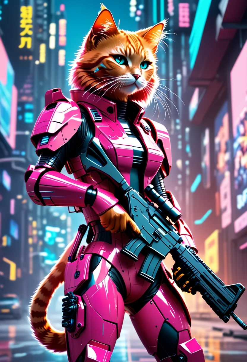  ((Masterpiece)), (Best Quality), (Cinematic),(highly accurate drawing in every detail)(extremely precise representation)full_body_portrait,space age retro future vibe, a stunning red cat in dressed in cool spacy synthetic magenta and neon-pink mecha armor with several glowing markings and nozzles,hoes and mechanic parts shooting a futuristic rifle in front of flat futuristic art background.