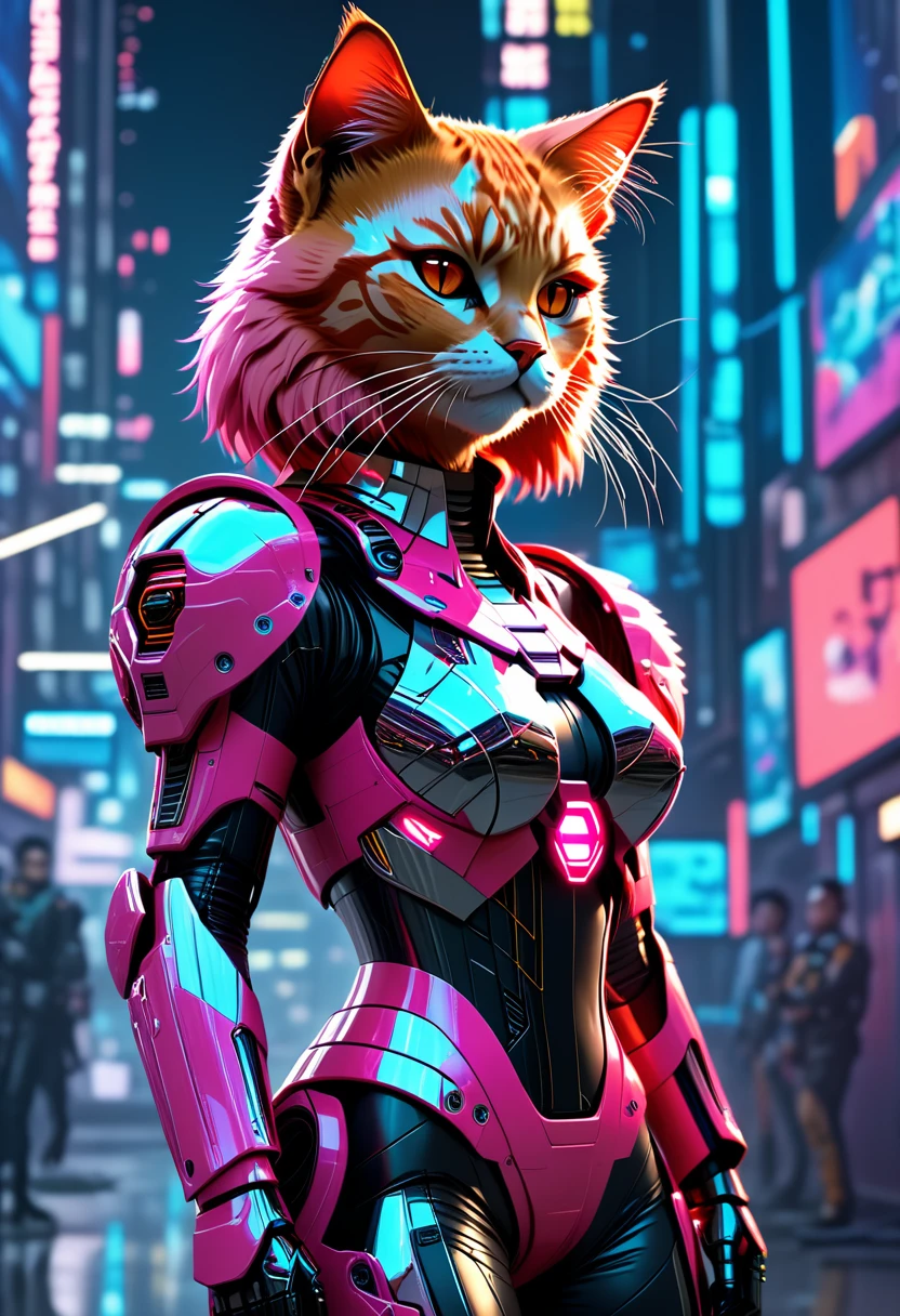  ((Masterpiece)), (Best Quality), (Cinematic),(highly accurate drawing in every detail)(extremely precise representation)full_body_portrait,space age retro future vibe, a stunning red cat in dressed in cool spacy synthetic magenta and neon-pink mecha armor with several glowing markings and nozzles,hoes and mechanic parts shooting a futuristic rifle in front of flat futuristic art background.