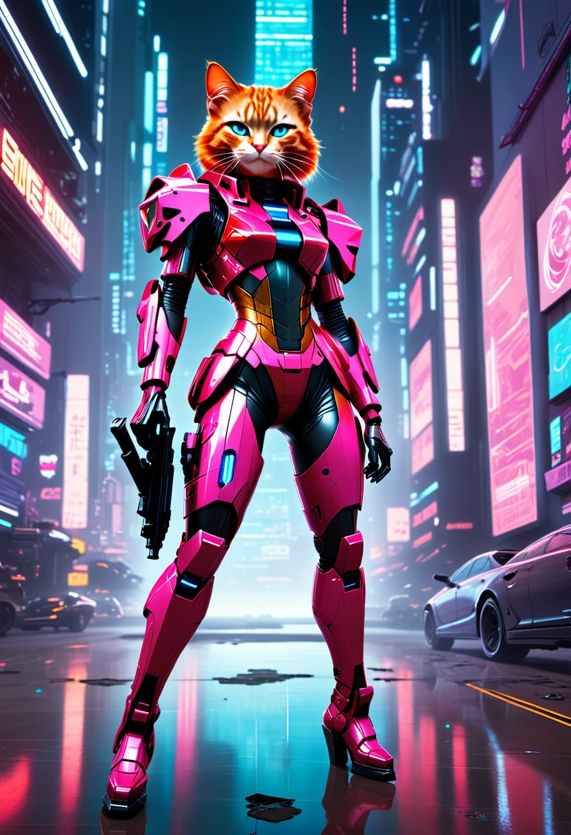  ((Masterpiece)), (Best Quality), (Cinematic),(highly accurate drawing in every detail)(extremely precise representation)full_body_portrait,space age retro future vibe, a stunning red cat in dressed in cool spacy synthetic magenta and neon-pink mecha armor with several glowing markings and nozzles,hoes and mechanic parts shooting a futuristic rifle in front of flat futuristic art background.