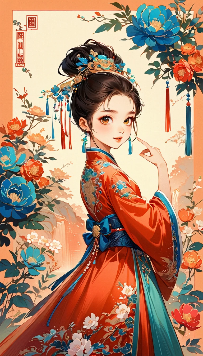 A beautiful  5 years in traditional Chinese attire, sweet smile, from back, lively and kawaii pose, eyes look at the viewer, charming and attractive sexy pose, surrounded by a lush garden. gazing at it with gentle eyes. The woman's hair is styled in an elaborate updo adorned with flowers and traditional ornaments. Her dress is elegant, pink and white color tone, featuring fine silk with floral embroidery. The garden is in full bloom, with peonies and other flowers providing a backdrop. The scene captures the serenity and beauty of classical Chinese art, with a touch of nature harmony, (((Ultra-high saturation, high natural saturation, extremely bright colors)))