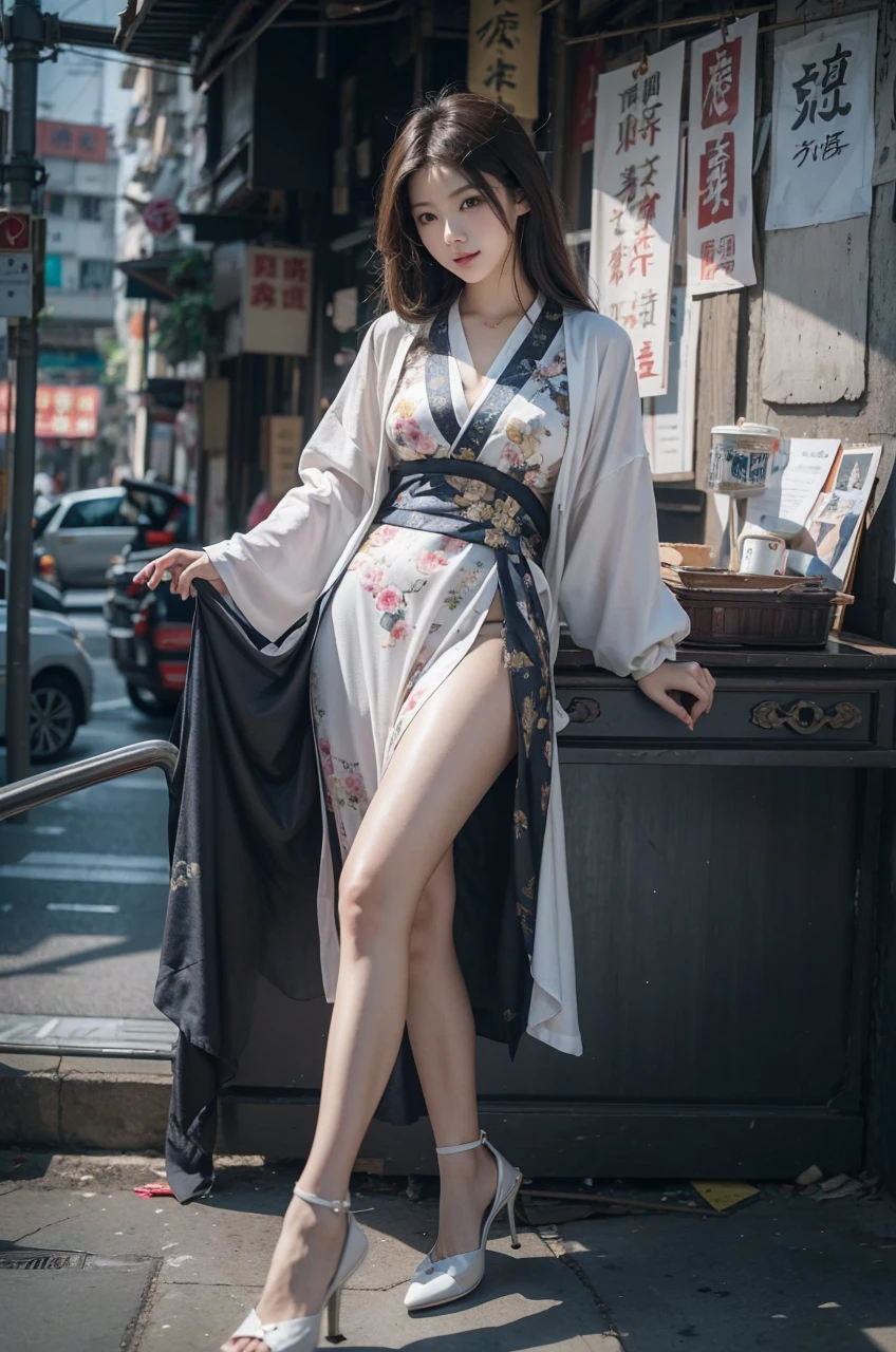 Beautiful Chinese waifu, early 30s, brunette hair, traditional Chinese clothing, white high heels, in a hong king back street