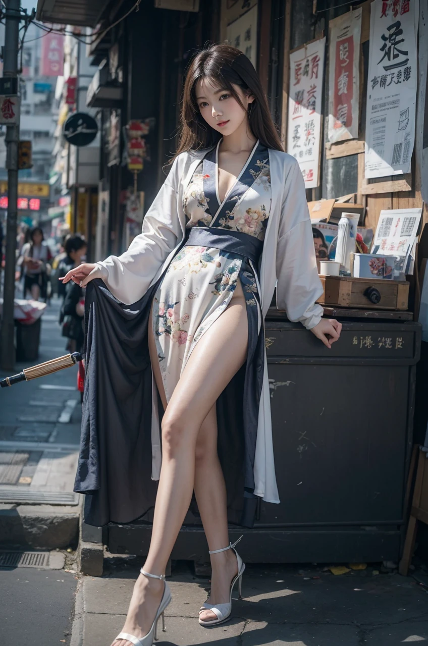 Beautiful Chinese waifu, early 30s, brunette hair, traditional Chinese clothing, white high heels, in a hong king back street