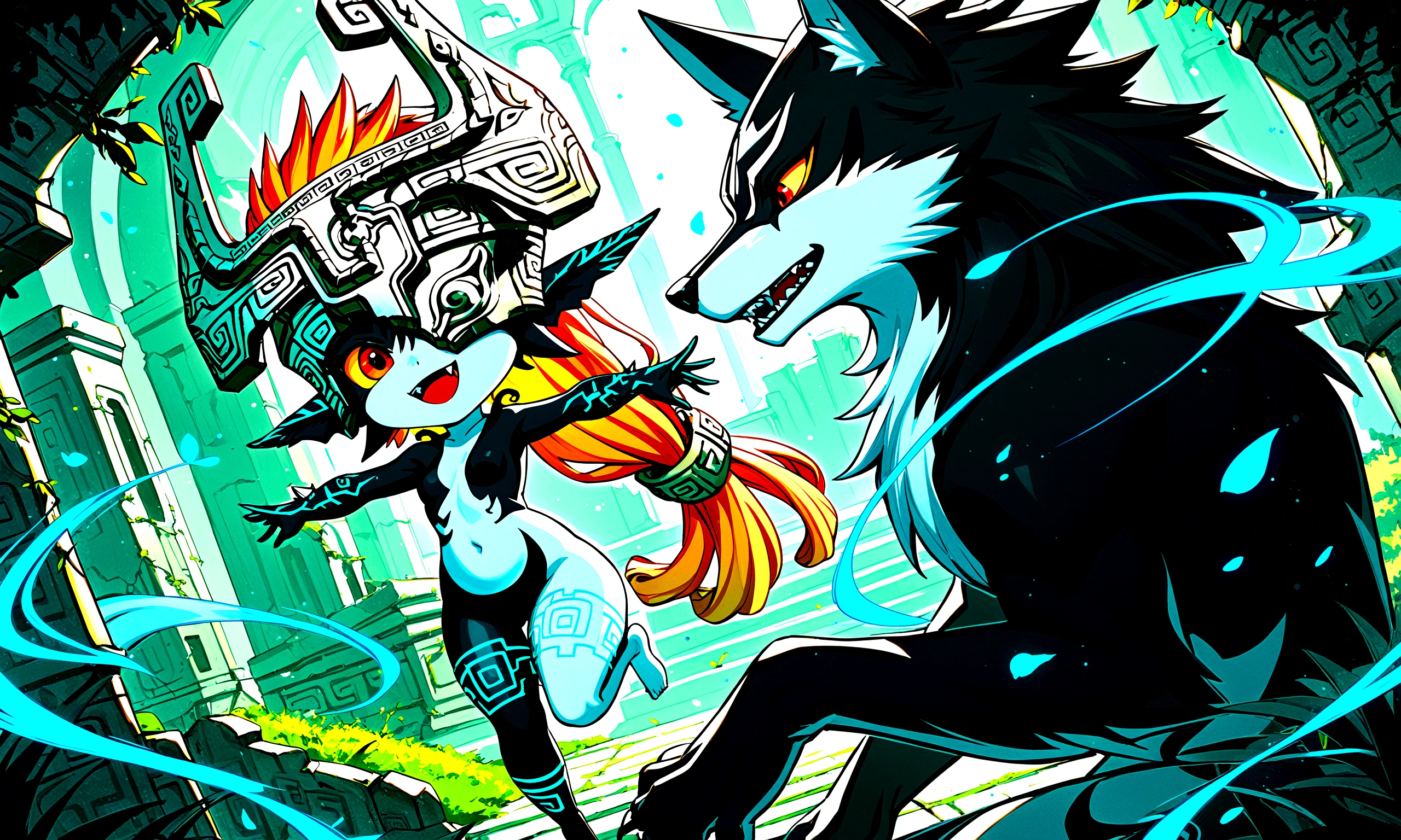 score_9, score_8_up, score_7_up, score_6_up, score_5_up, score_4_up, source_anime,source_furry,rating_safe,rating_questionable,masterpiece, best quality, perfect anatomy , very aesthetic , absurdres ,quality\(soft lighting, intricate, highly detailed, soft particles, fantasy landscape, moonlight, ruins, overgrown, magic\), BREAK ,(1couple\(1girl and 1wolf\):1.4),1girl\(midna,midnaimp, colored sclera, multicolored skin, two-tone skin, helmet, very long hair, prehensile hair, full body, fang,small breast,chibi,cute,(naked:0.4),(riding on 1wolf:1.3)\),1wolf\(wolf_link,(huge:1.8),sharp fang,\),(dynamic angle:1.6),(dinamic pose:1.4),dynamic action,(beautiful landscape:1.3),(at midnight:1.2),from above