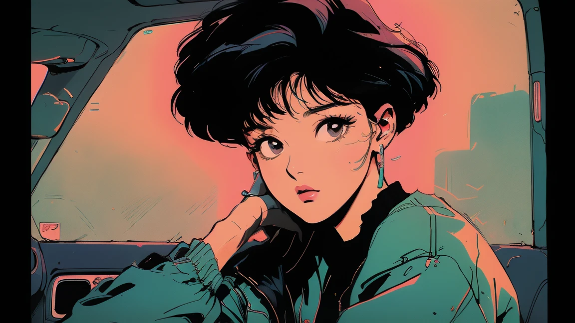 ((Highest quality)), ((masterpiece)), masterpiece, Highest quality, Retro Style, Beautiful Asian Girl, K-Pop aesthetics and style, Sitting in a car, dream-like, perfection, Realistic, High Fashion, 16:9, Stylish Korean women of the 90s, Neon Light Background, A scene from a movie,