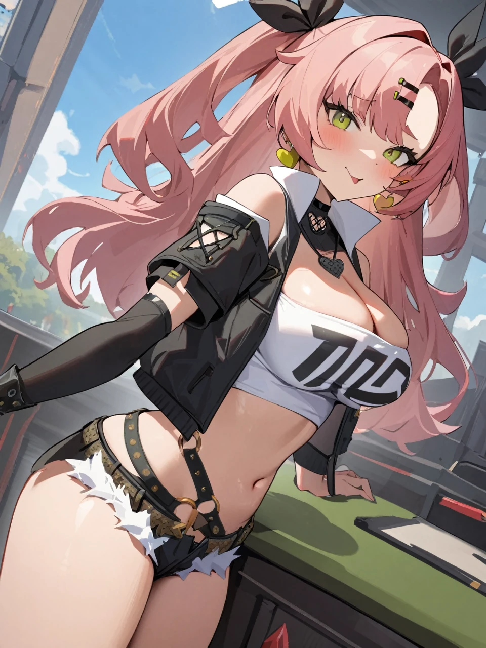 1girl, two_side_up,solo, large_breasts ,highres, nicole_demara,1girl,hair_ribbon, crop_top, looking_at_viewer, cowboy shot, masterpiece, best quality, absurdres, newest, posing sexy