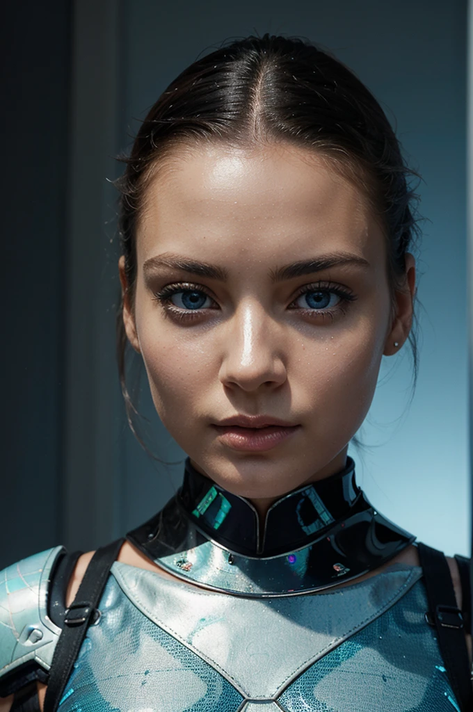 Create an image of an elegant, futuristic woman with a smooth, symmetrical face. She should have strikingly large blue eyes and iridescent skin adorned with subtle circuit-like patterns. Her ethnicity is Caucasian, featuring refined and universally attractive traits. Her hair is sleek and straight . Her body should have curvaceous proportions that emphasize both allure and sophistication.