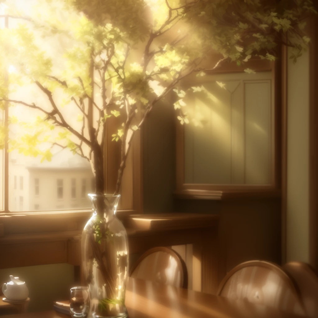 There is a vase with a tree in it on the table, Cafe, Beautiful images, cozy Cafe background, Cafe interior, pleasant Cozy atmosphere, afternoon, Cozy atmosphere, Cozy and quiet atmosphere, Natural morning light, Nostalgic atmosphere, Sunny atmosphere, Sunny environment, Medium portrait, in a bright Cafe, Rustic atmosphere, Bright atmosphere, Indoor Settings, me too, Branches and leaves