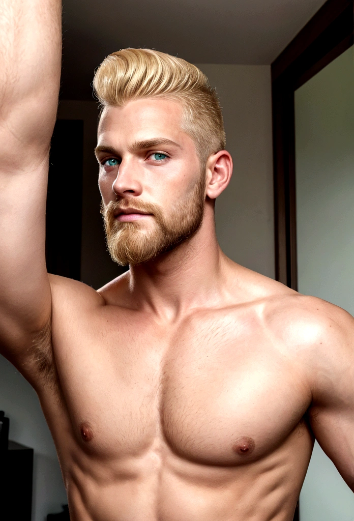photograph of a face, blond man, green eyes, full beard, straight hair, hair thrown back, hair shaved on the sides, harmonious face, face, sexyk, shirtless