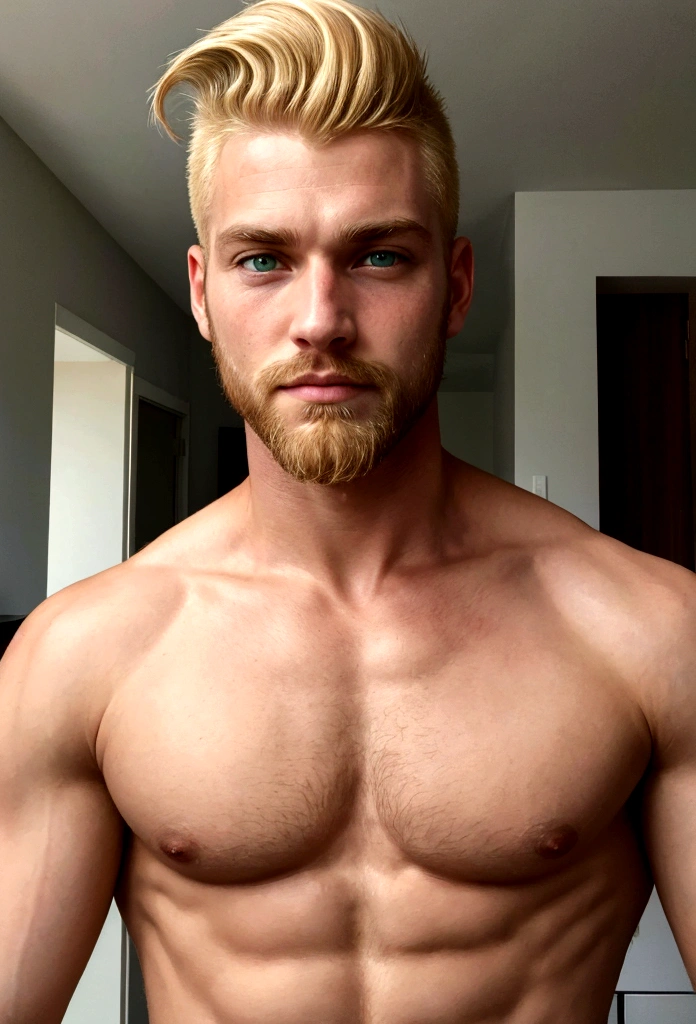photograph of a face, blond man, green eyes, full beard, straight hair, hair thrown back, hair shaved on the sides, harmonious face, sexy face, sexy look, shirtless