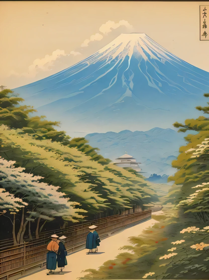 ((masterpiece、Highest quality、Very detailed、High resolution、Realistic、Sharp focus))、((No humans))、Japanese Landscape、Ukiyo-e、Outdoor、traveller、Mt. Fuji in the background、Cute Ukiyo-e