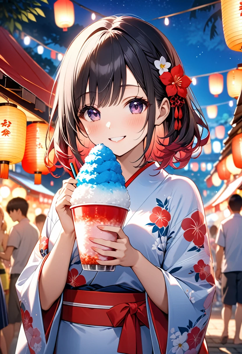 A girl smiling while eating shaved ice at a summer festival.The girl is very pretty and young々Shii, with red twin-tale hair,Put a barrette on your kimono.女の子は美Shiiピンク色の模様の浴衣を着ています.Shaved ice with red syrup in hand, He flashed a proud smile at the camera..Summer festival background with summer festival night stalls,The lights of the night stalls and lanterns make the girls look beautiful..beauty, Shine and texture of the girl's hair, 彼女の顔の可愛らしさと肌のbeauty, The texture of yukata based on Japanese tradition,beauty and texture of the obi,beauty of the light on the shaved ice,夜店や祭りの明かりの幻想的なbeauty,Back view, Girl staring at camera.(
high quality, High resolution, masterpiece, 最high quality, 4K, 8K:1.2).Super detailed,Cinema Lighting, Ultra-fine painting,素晴らShii眺め,Professional photography,beautiful girl