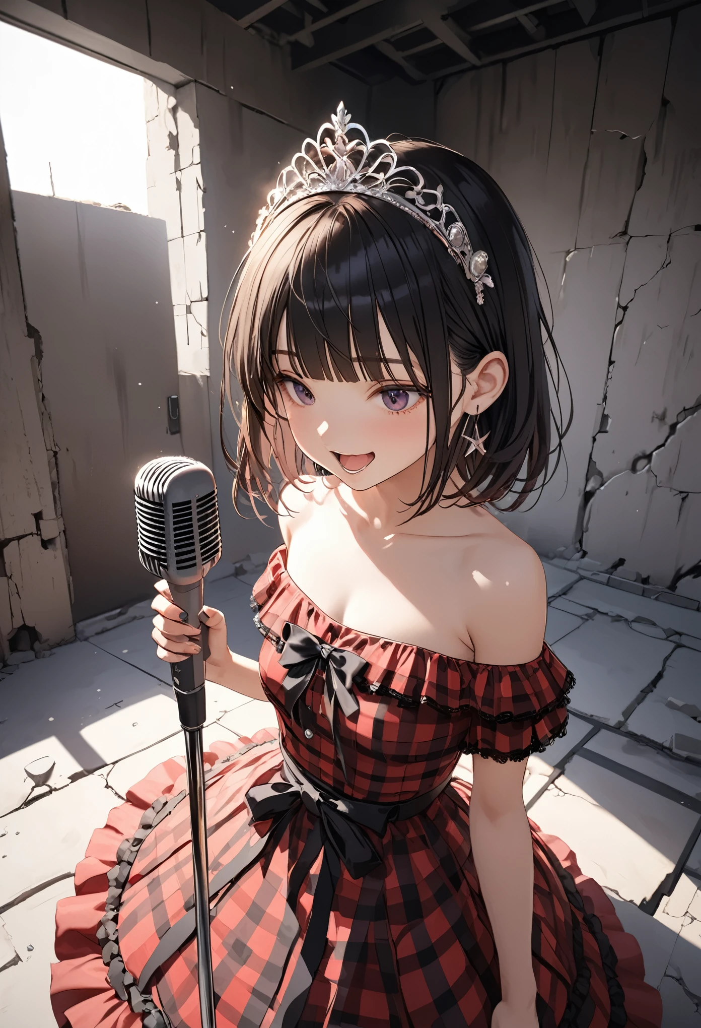 ((Masterpiece)), (Anime:1.3), ((best quality)), (super detail:1.2), (High Definition:1.3), (Professional Photography:1.2), (sharp focus), (perfect light), (fisheye), (()), cute teenage girl, Plaid dress, (Off-Shoulder dress), hoop dress, wearing toy tiara, lolita fashion, (loose blunt bangs), (Thick microphone stand), singing, ((Vibrant Pose)), exposed bare shoulder and arms, lolita style, cute smile, open mouth, pretty, (Healthy slim body), emo style, red checker, (in the dim concrete basement), ribbon belt, (Melted walls),