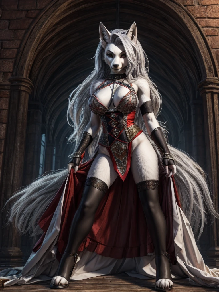Loona from Helluva Boss, female white wolf, anthro, mature adult, fluffy short white hair, blindfold, white combat armor bodysuit, standing, serious, detailed, solo, beautiful, high quality, 4K