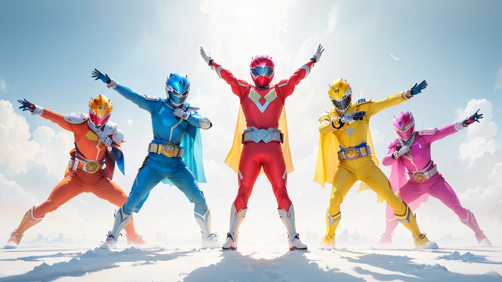 Arafed people lined up in colorful costumes々Group of, Power Rangers, the secret seventh Power Ranger, Power Rangers film, Power Ranger, Colorful uniforms, 3840×2160, 3840x2160, Promotional Art, Hero pose Colorful city lights, Promotional Art, Vibrant fan art, The Best of Adobe Stock