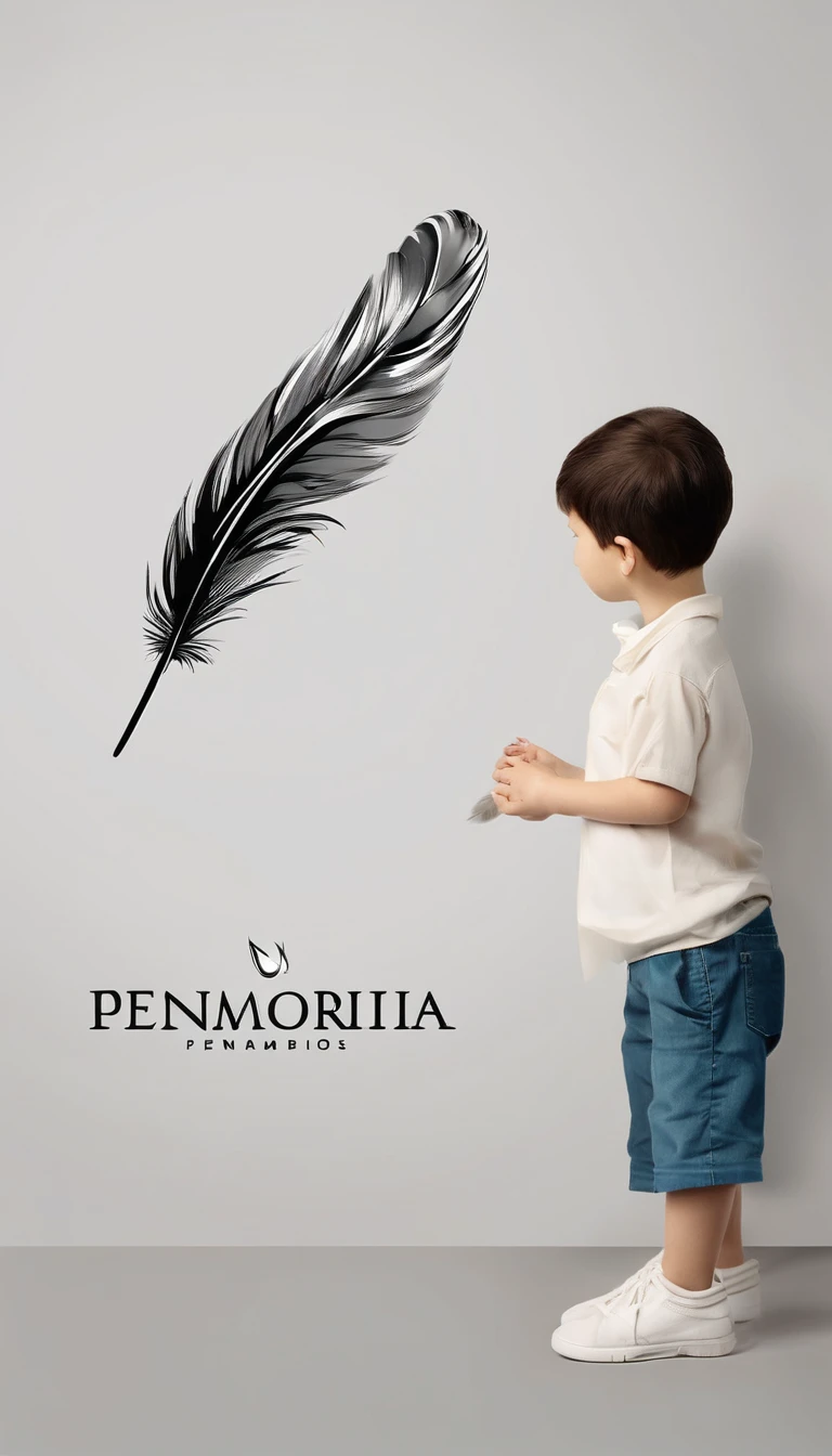 A minimalist, fantastic, poetic, dreamy, captivating, memorable, masterpiece, modern, simple logo design of a boy and a feather for the brand “Penamemoria". The logo must convey a sense of music, stories and dreams. Minimalistic logo design of a boy and a feather.