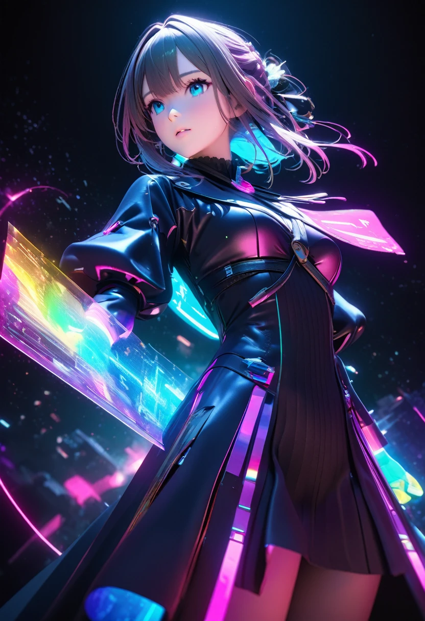 holography, draw in neon colors:1 girl,Violet Evergarden:future, transparent, three dimensional, light, sf, digital art, Digital, scientific, dark background: electronic circuit: draw in neon colors, 3d, masterpiece, Digital space, energy, beautiful, masterpiece, 8K, light, become familiar with, lively, colorful, nice, beautiful, rich colors, beautiful Light Lines. magic effect, Sparkling, beautiful Light Grains,cowboy shot,angle from below