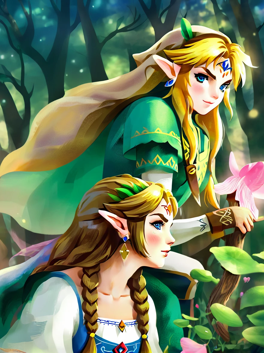 (Best quality，8K，Ultra-high resolution，masterpiece)，Super Fine，illustration，Princess Zelda，Link，Couple，Love，Embrace，under the tree，fantasy，(the legend of zelda)，beautiful eyes，Beautiful lips，Super Fine的眼睛和脸，Long eyelashes，Long hair，romantic，close，Warm Lights，Prime Time，color，Fantasy Art，thrilling，epic