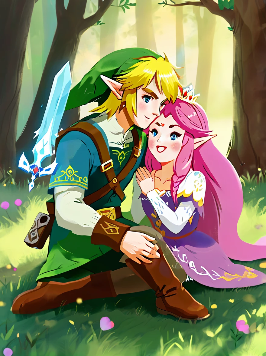 (Best quality，8K，Ultra-high resolution，masterpiece)，Super Fine，illustration，Princess Zelda，Link，Couple，Love，Embrace，under the tree，fantasy，(the legend of zelda)，beautiful eyes，Beautiful lips，Super Fine的眼睛和脸，Long eyelashes，Long hair，romantic，close，Warm Lights，Prime Time，color，Fantasy Art，thrilling，epic