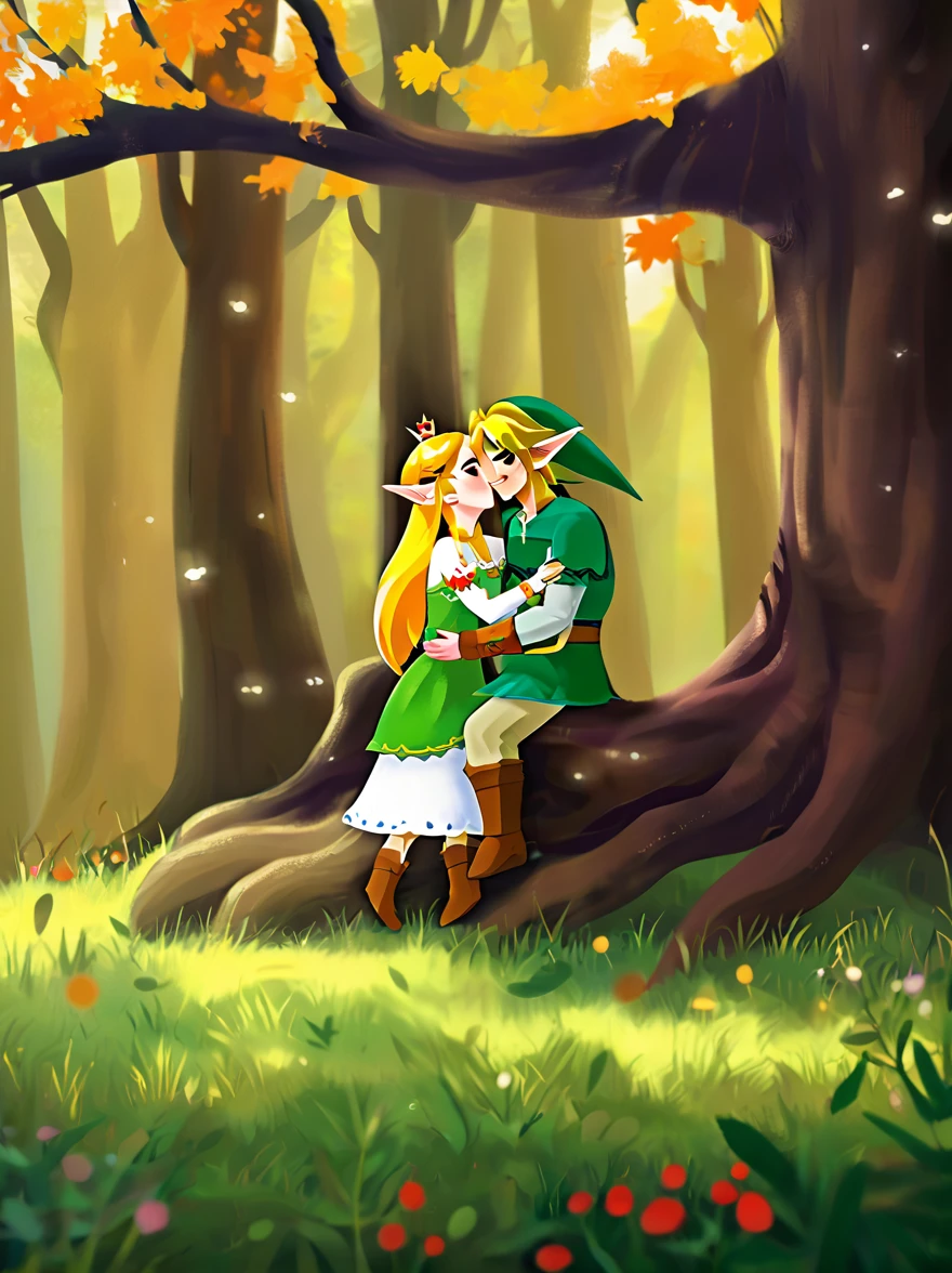 (Best quality，8K，Ultra-high resolution，masterpiece)，Super Fine，illustration，Princess Zelda，Link，Couple，Love，Embrace，under the tree，fantasy，(the legend of zelda)，beautiful eyes，Beautiful lips，Super Fine的眼睛和脸，Long eyelashes，Long hair，romantic，close，Warm Lights，Prime Time，color，Fantasy Art，thrilling，epic