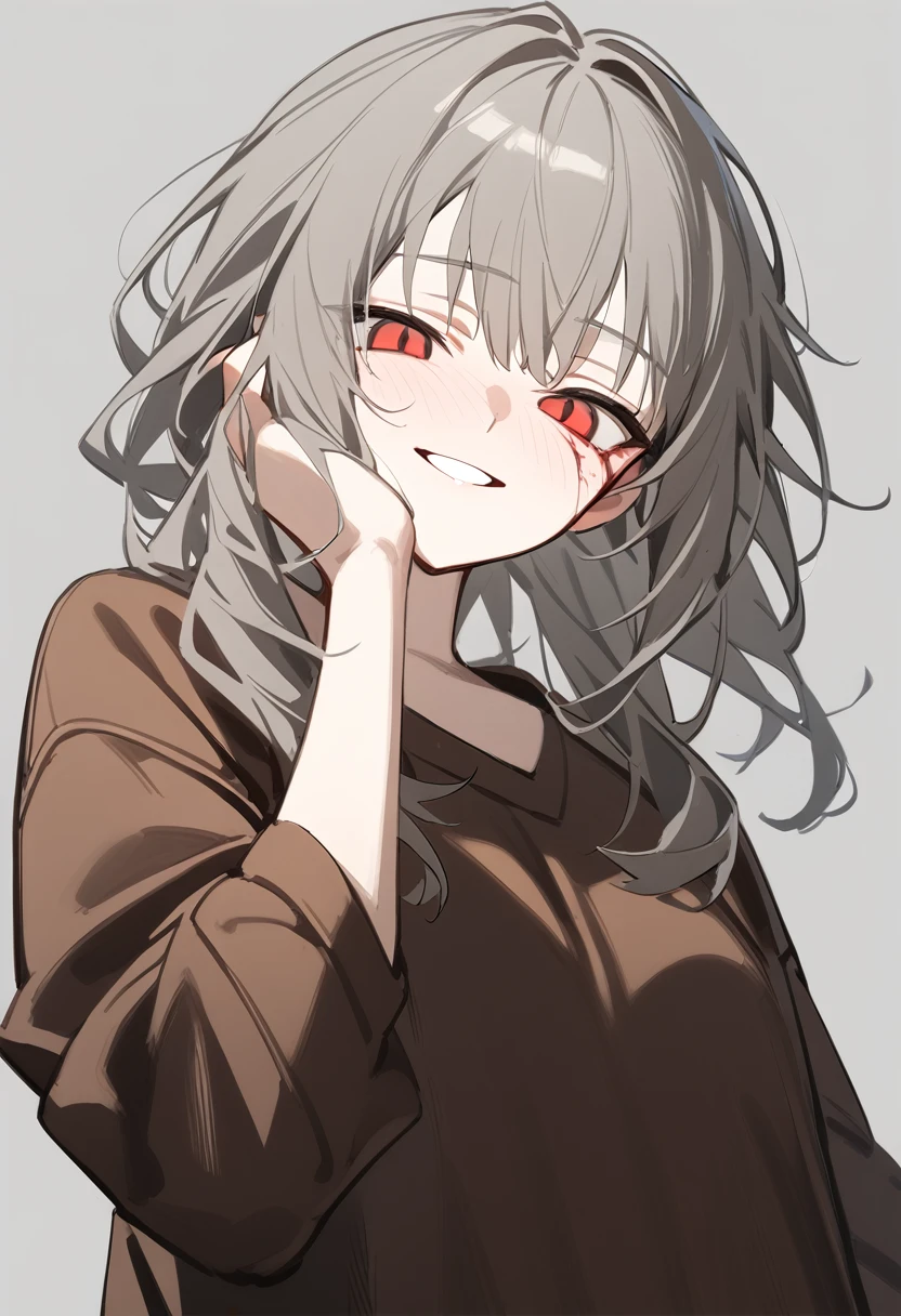 1 girl, alone, adolescent, Brown leather, broad, Short and messy hair, Red eyes, large eyes, big open smile, stoic, standing, (long shirt only), (Gray background, simple background), Upper part of the body, Masterpiece, Best Quality, dynamic angle, hand on his face, Flushed face, wounds, with dark circles