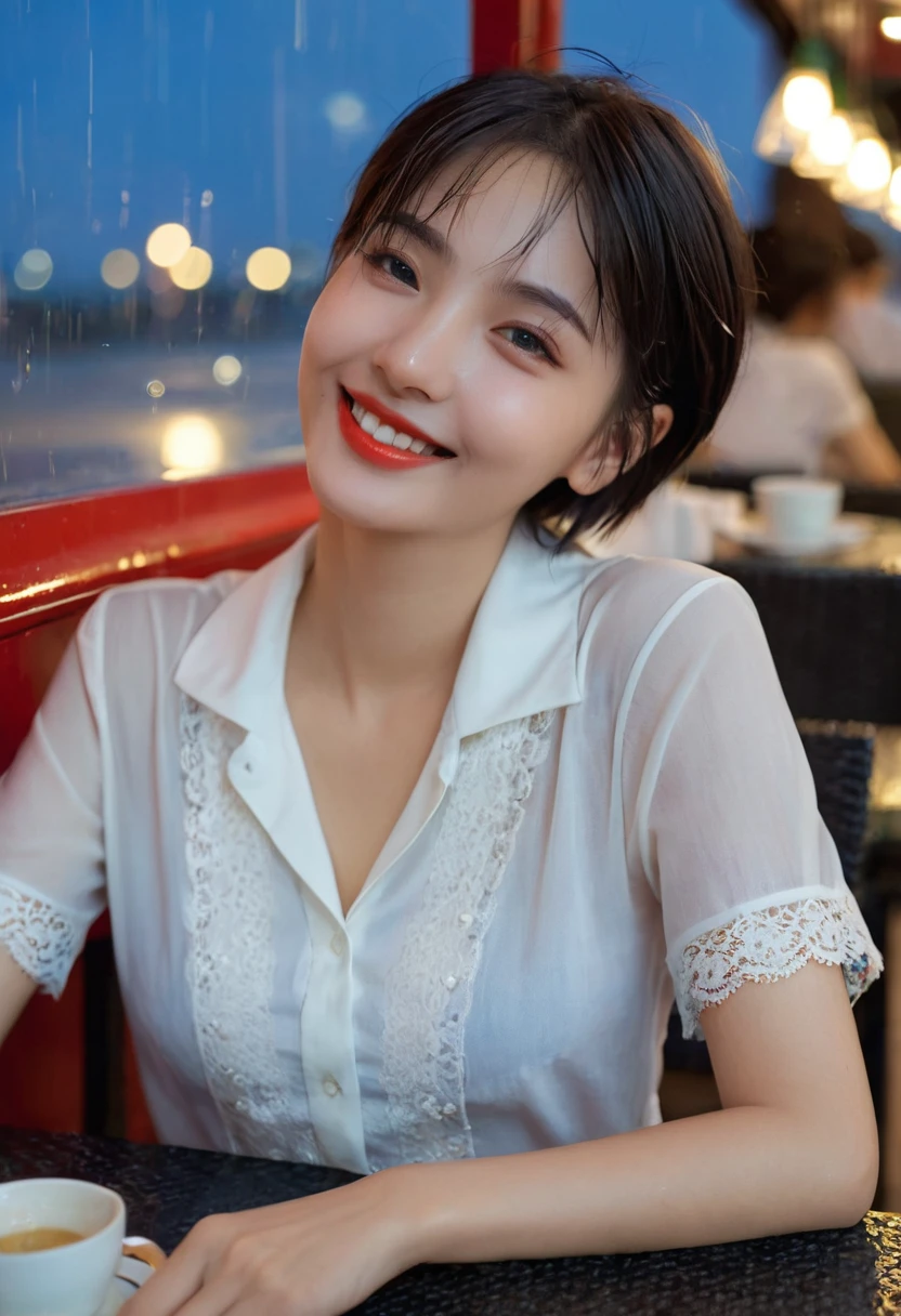 (8K, best quality, masterpiece: 1.2), (Practical, Reality: 1.37), Very detailed, 1 girl, Lovely, Solitary, Beautiful and detailed sky, Detail of cafe, night, sit, date, ( Red and swollen nose), (Smile: 1.15), (Shut up) Small Breasts, Beautiful details, (Collared shirt: 1.1), night, wet, Business Attire, rain, White lace, (short hair: 1.2), NovaFrogStyle,