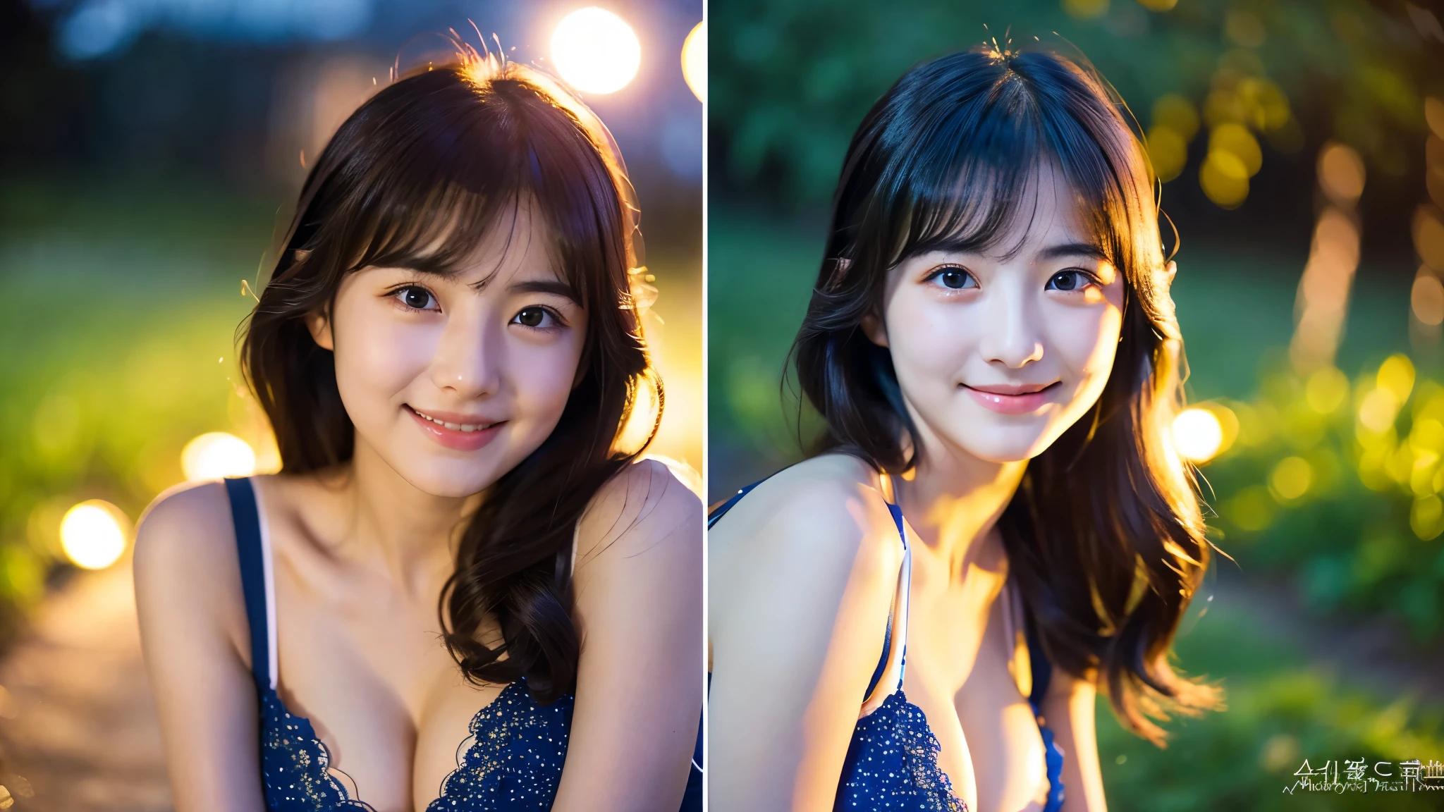 One 20-year-old woman with a very cute face like an idol、A slight smile、Cleavage、((Beautiful starry sky))、(Looking into the distance)、(((Natural light inside at night)))、RAW Photos、Genuine、live-action、(Artistic Expression)、High resolution、masterpiece