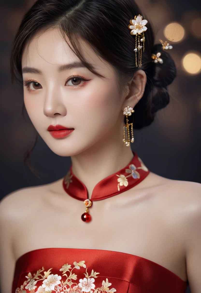 realistic,score_9, score_8_up, score_7_up, BREAK,
The image now features a woman with a darker complexion, wearing traditional Chinese attire. Her hair is styled in a classic bun, adorned with golden hair accessories and earrings. She wears a red dress with golden patterns, complemented by a yellow belt around her waist. The lighting is dim, suggesting an indoor setting, which adds a mysterious and intimate atmosphere to the scene. Her eyes are large and expressive, capturing the viewer's attention. The dim lighting accentuates her darker skin tone and the rich details of her traditional costume, creating a striking contrast with the red and gold. The golden patterns on her dress could represent specific symbols or motifs related to her status or the event's theme. The yellow belt adds a touch of elegance and serves as a striking contrast to the red and gold. Her confident gaze towards the camera conveys a sense of pride and a message she wishes to convey. The brown background serves to highlight the woman's figure and the rich details of her traditional costume, adding depth and texture to the image.
