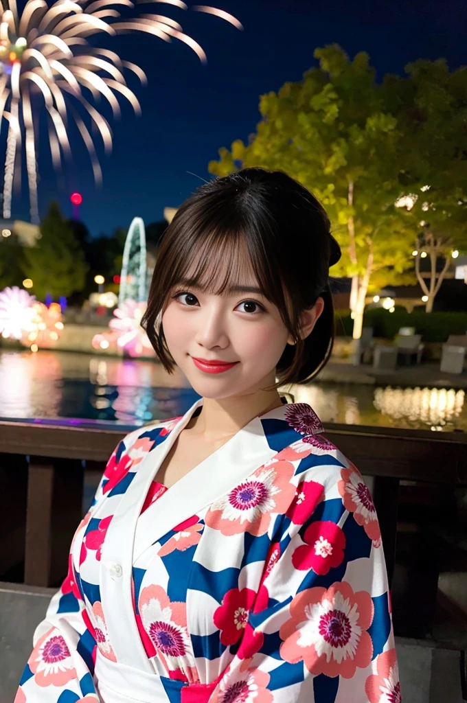 firework Display,8K,Professional Lighting ,Near and far in the air ,Ultra-high resolution ,(Like the picture: 1.1) ,Detailed face ,pretty girl ,Patterned yukata ,smile ,firework ,Pause ,(Breast bulge: 1.1) ,Soft Light ,Big River ,ponytail ,Wide-angle camera