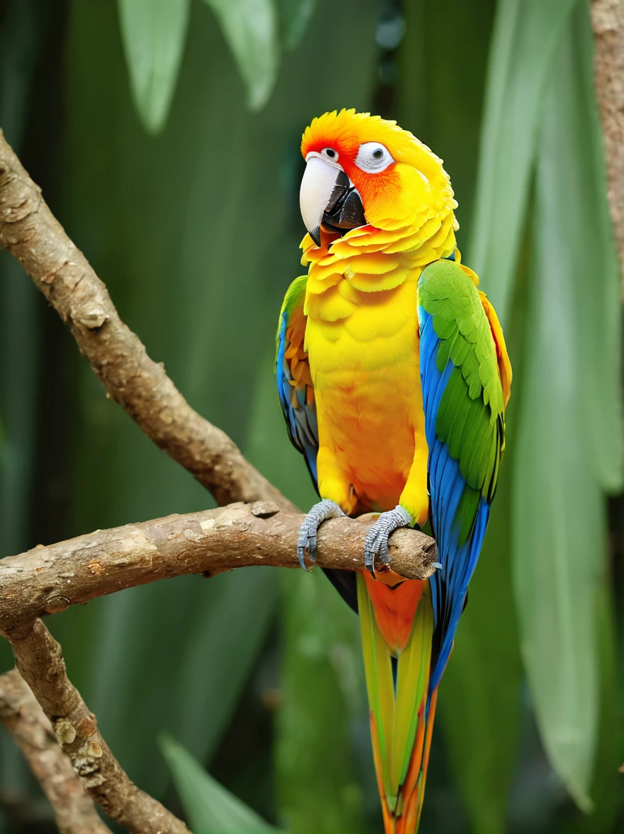 Rainforest，Gold Parrot，((Exquisite and beautiful bird&#39;s nest:1.5))，Branches，Green Leaf，Colorful flowers and diverse plants 