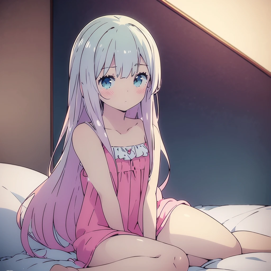 ((masterpiece)), ((Best Quality)), (Ultra-detailed), Anime style, Cute , 1girl in, Solo, 8k, sitting on the bed, young girl , flat chest, bare shoulders , shy girl