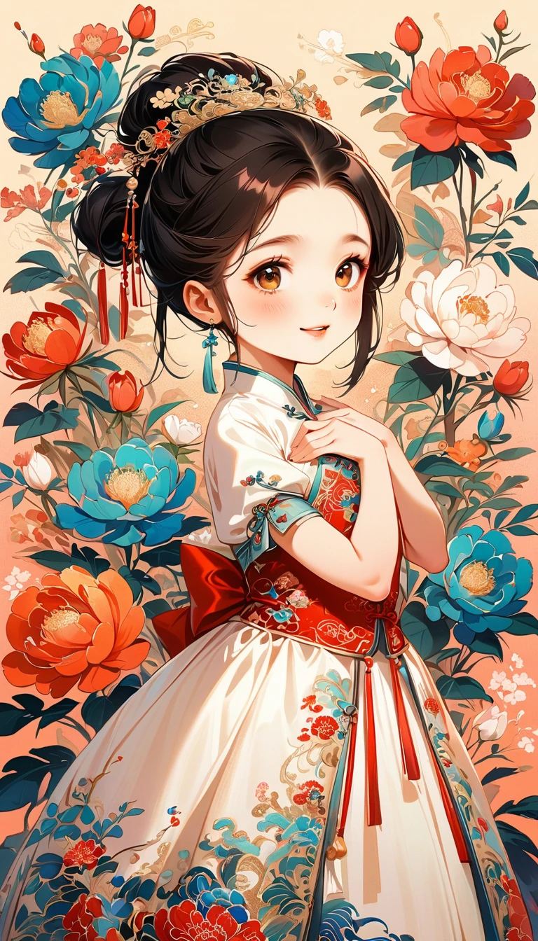 A beautiful  5 years in traditional Chinese attire, sweet smile, from side, lively and kawaii pose, hands put in from of chest, charming and attractive sexy pose, surrounded by a lush garden. gazing at it with gentle eyes. The woman's hair is styled in an elaborate updo adorned with flowers and traditional ornaments. Her dress is elegant, pink and white color tone, featuring fine silk with floral embroidery. The garden is in full bloom, with peonies and other flowers providing a backdrop. The scene captures the serenity and beauty of classical Chinese art, with a touch of nature harmony, (((Ultra-high saturation, high natural saturation, extremely bright colors)))