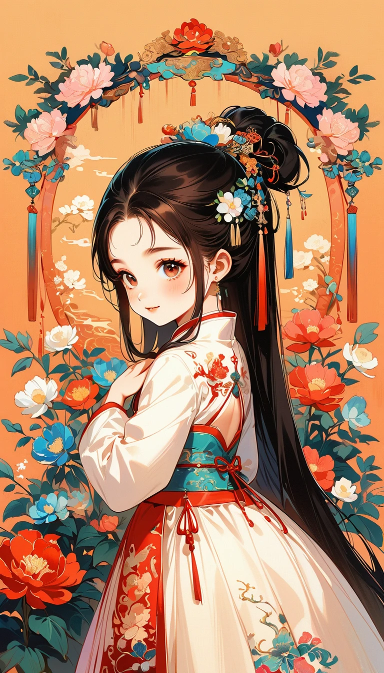 A beautiful young 5 years old little girl in traditional Chinese attire, sweet smile, from side, lively and kawaii pose, hands put in from of chest, charming and attractive sexy pose, surrounded by a lush garden. gazing at it with gentle eyes. The woman's hair is styled in an elaborate updo adorned with flowers and traditional ornaments. Her dress is elegant, pink and white color tone, featuring fine silk with floral embroidery. The garden is in full bloom, with peonies and other flowers providing a backdrop. The scene captures the serenity and beauty of classical Chinese art, with a touch of nature harmony, (((Ultra-high saturation, high natural saturation, extremely bright colors)))