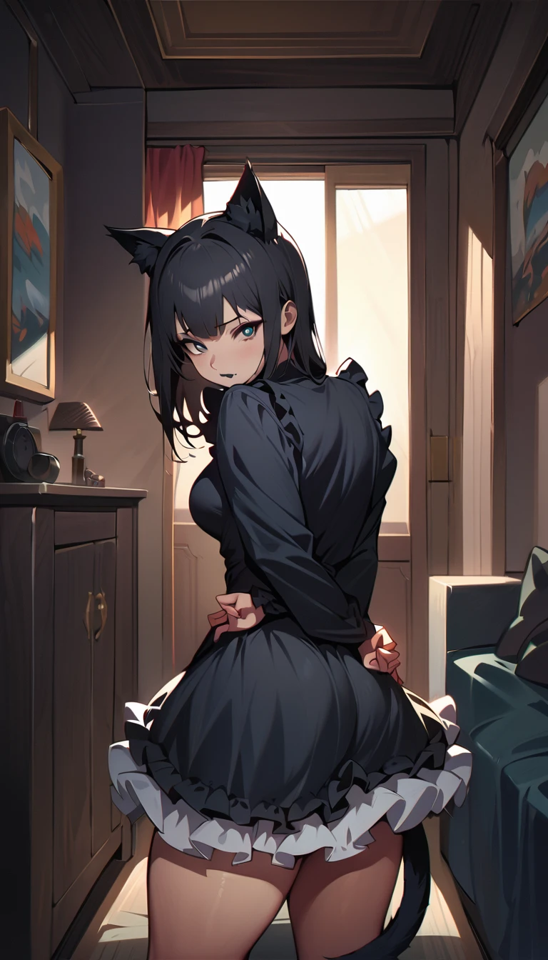 an anime screen has an image of a woman with black hair and a cat ears, in the style of dark navy and dark blue, photo-realistic hyperbole, blink-and-you-miss-it detail, ue5, animal intensity, dignified poses, innocent --auto